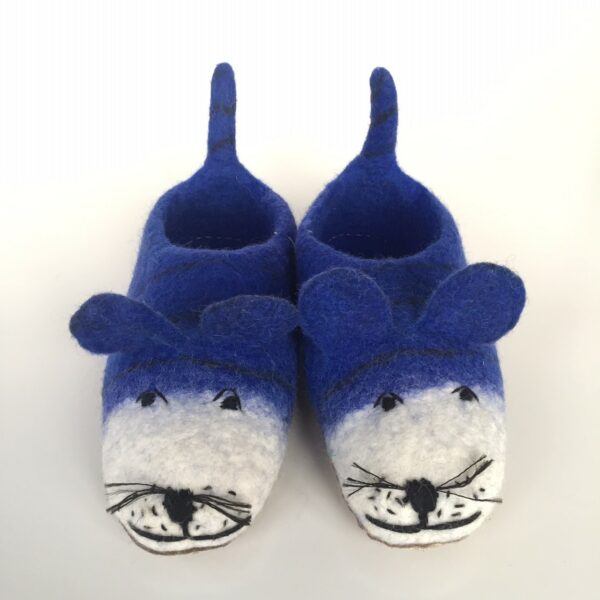 chaussons chat adultes en laine feutrée indigo